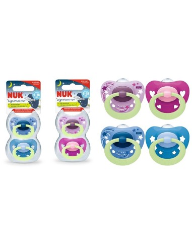 NUK SUCCHIETTO SIGNATURE NIGHT FLUORESCENTE IN SILICONE 6-18 2 PEZZI